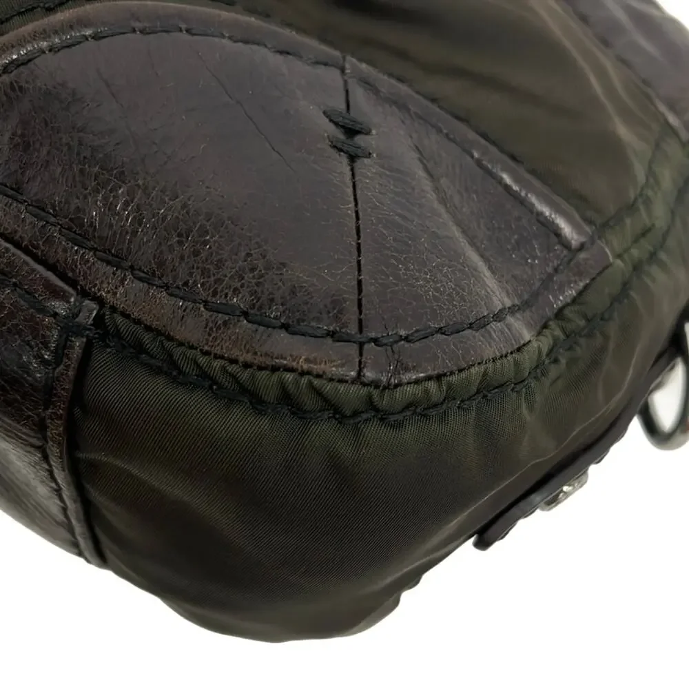 Prada Handbag Khaki Dark Brown Leather Nylon